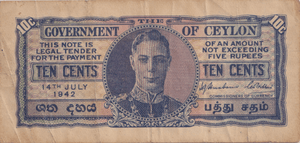 1942 TEN CENTS CEYLON BANKNOTE REF-1776 - WORLD BANKNOTES - Cambridgeshire Coins