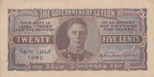 1942 TWENTY FIVE CENTS CEYLON BANKNOTE REF-1777 - WORLD BANKNOTES - Cambridgeshire Coins