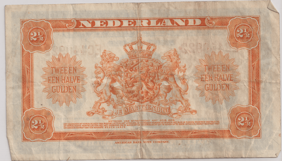 1943 2 1/2 GULDEN NETHERLANDS BANKNOTE REF-1750 - WORLD BANKNOTES - Cambridgeshire Coins