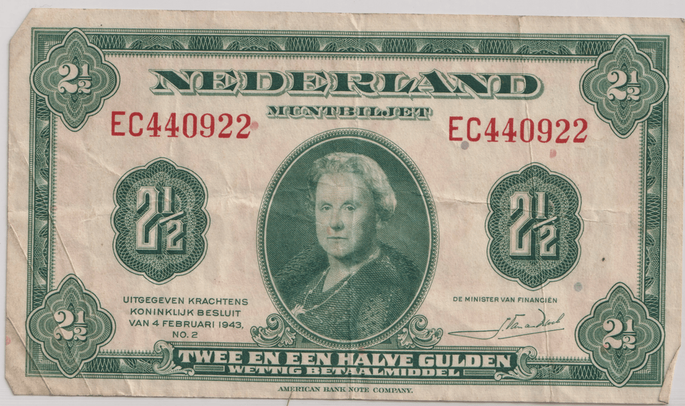 1943 2 1/2 GULDEN NETHERLANDS BANKNOTE REF-1750 - WORLD BANKNOTES - Cambridgeshire Coins