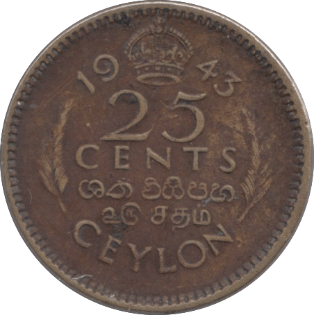1943 25 CENTS CEYLON - WORLD COINS - Cambridgeshire Coins