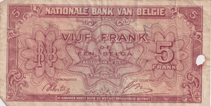 1943 BELGIUM 5 FRANCS BANKNOTE REF-1693 - WORLD BANKNOTES - Cambridgeshire Coins