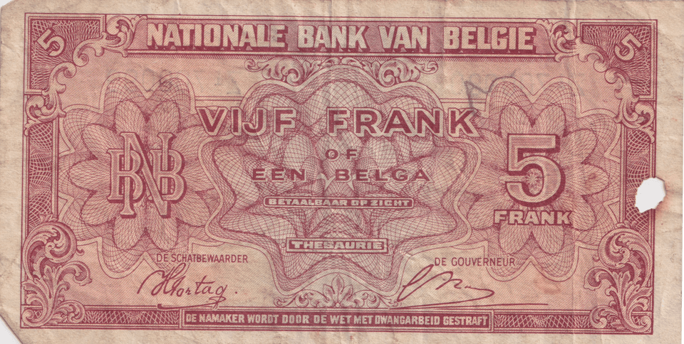 1943 BELGIUM 5 FRANCS BANKNOTE REF-1693 - WORLD BANKNOTES - Cambridgeshire Coins