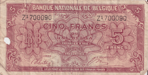 1943 BELGIUM 5 FRANCS BANKNOTE REF-1693 - WORLD BANKNOTES - Cambridgeshire Coins