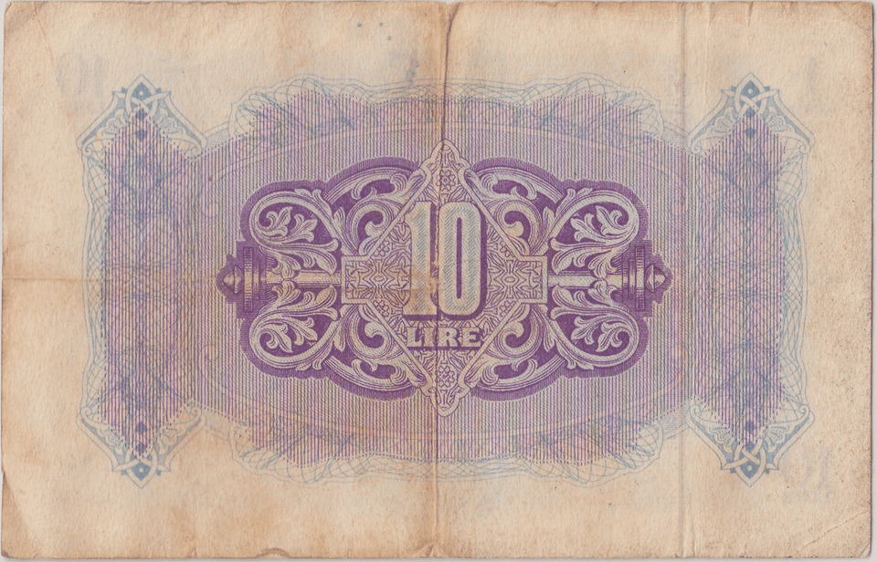 1943 BRITISH MILITARY AUTHORITY TRIPOLITANIA 10 LIRE BANKNOTE CROWN LION REF 1595 - WORLD BANKNOTES - Cambridgeshire Coins