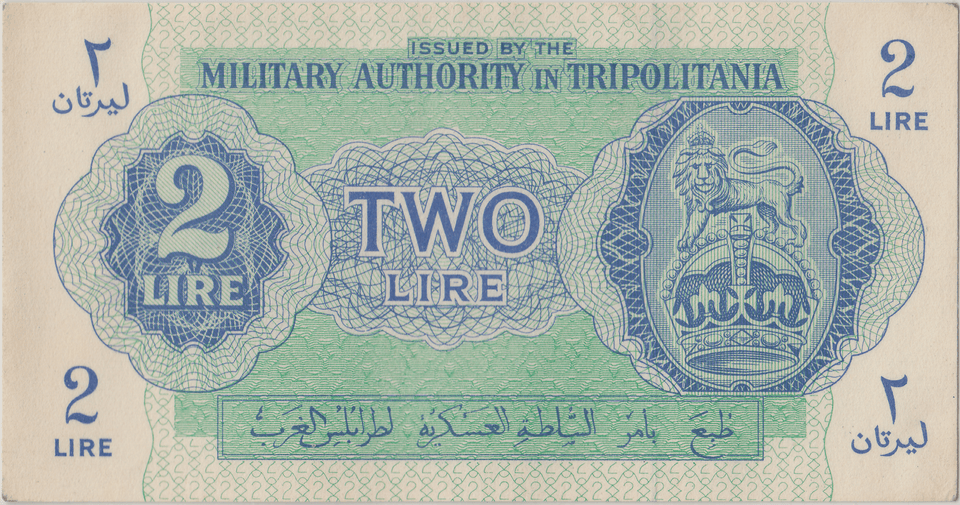1943 BRITISH MILITARY AUTHORITY TRIPOLITANIA 2 LIRE BANKNOTE CROWN LION REF 1598 (3) - WORLD BANKNOTES - Cambridgeshire Coins