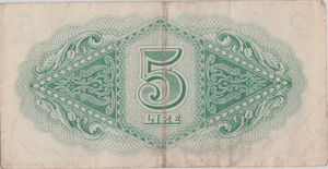 1943 BRITISH MILITARY AUTHORITY TRIPOLITANIA 5 LIRE BANKNOTE CROWN LION REF 1599 (2) - WORLD BANKNOTES - Cambridgeshire Coins