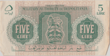 1943 BRITISH MILITARY AUTHORITY TRIPOLITANIA 5 LIRE BANKNOTE CROWN LION REF 1599 - WORLD BANKNOTES - Cambridgeshire Coins