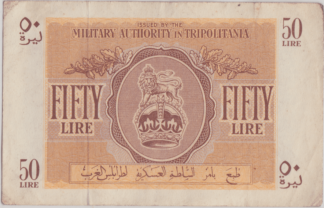 1943 LIBYA BRITISH MILITARY AUTHORITY TRIPOLITANIA 50 LIRE BANKNOTE CROWN LION REF 1593 - WORLD BANKNOTES - Cambridgeshire Coins