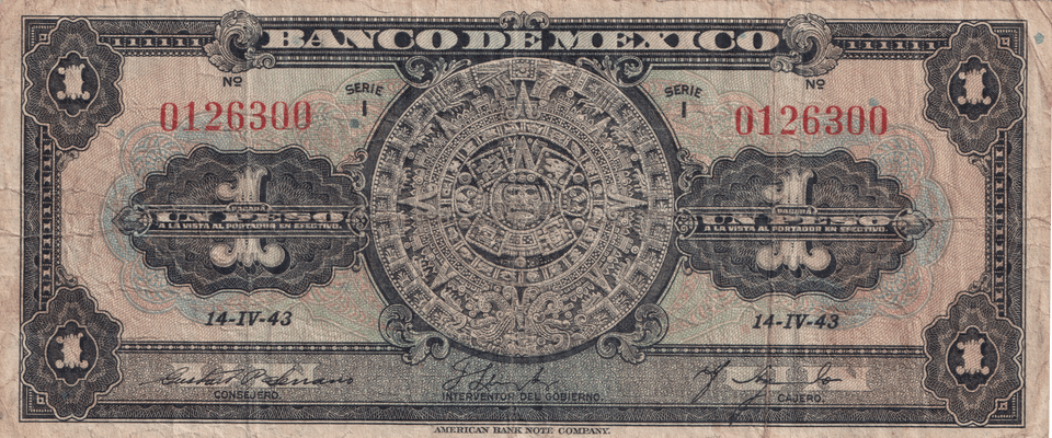 1943 MEXICO 1 PESO BANKNOTE REF-1663 - WORLD BANKNOTES - Cambridgeshire Coins