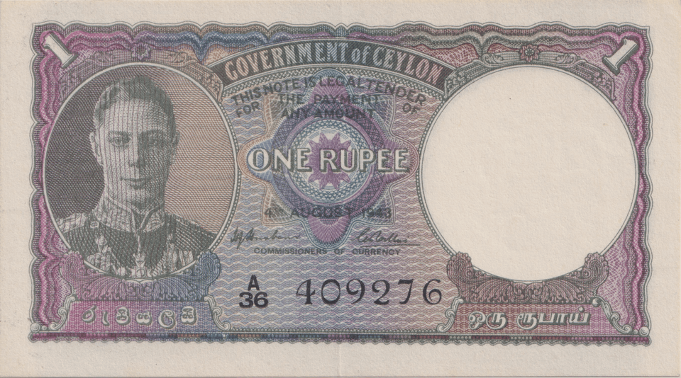 1943 ONE RUPEE CEYLON BANKNOTE REF-1787 - WORLD BANKNOTES - Cambridgeshire Coins