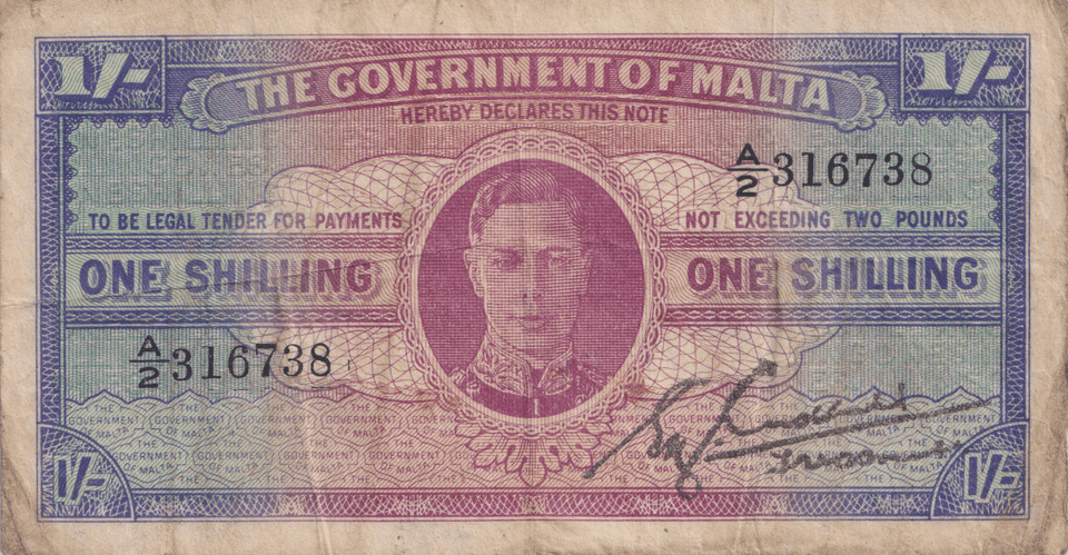 1943 ONE SHILLING MALTA BANKNOTE REF-1826 - WORLD BANKNOTES - Cambridgeshire Coins