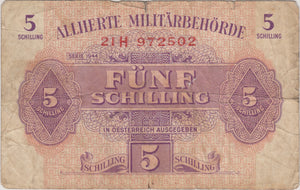 1944 AUSTRIAN ALLIED MILITARY BANKNOTE 5 SCHILLING REF 955 - World Banknotes - Cambridgeshire Coins
