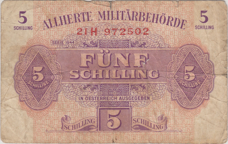 1944 AUSTRIAN ALLIED MILITARY BANKNOTE 5 SCHILLING REF 955 - World Banknotes - Cambridgeshire Coins