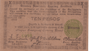 1944 PHILIPPINES TEN PESOS CERTIFICATE REF-1710 - WORLD BANKNOTES - Cambridgeshire Coins