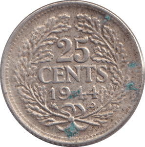 1944 SILVER 25 CENTS NETHERLANDS - SILVER WORLD COINS - Cambridgeshire Coins