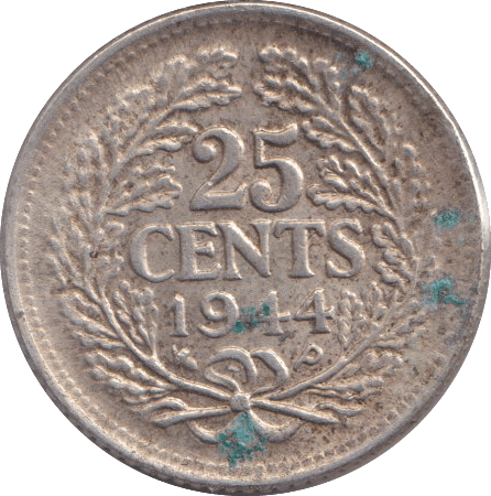 1944 SILVER 25 CENTS NETHERLANDS - SILVER WORLD COINS - Cambridgeshire Coins