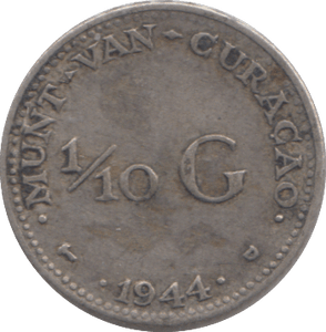 1944 SILVER CURACAO 1/10 GULDER - SILVER WORLD COINS - Cambridgeshire Coins