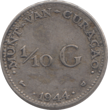 1944 SILVER CURACAO 1/10 GULDER - SILVER WORLD COINS - Cambridgeshire Coins