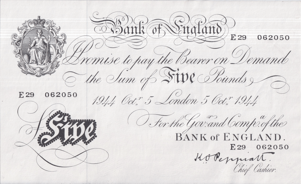 1944 WHITE FIVE POUND NOTE OCTOBER 5TH LONDON BANK OF ENGLAND PEPPIATT W£5 - 38 - £5 BANKNOTES WHITE - Cambridgeshire Coins