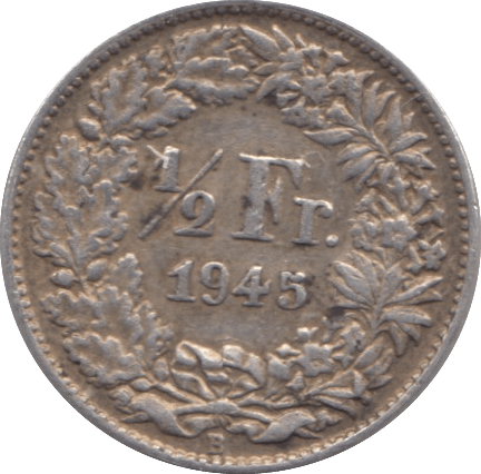 1945 SILVER 1/2 FRANC SWITZERLAND - SILVER WORLD COINS - Cambridgeshire Coins