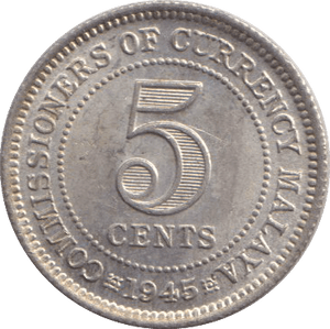 1945 SILVER FIVE CENTS MALAYA - SILVER WORLD COINS - Cambridgeshire Coins