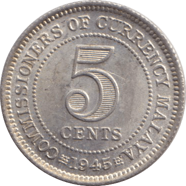 1945 SILVER FIVE CENTS MALAYA - SILVER WORLD COINS - Cambridgeshire Coins