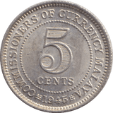 1945 SILVER FIVE CENTS MALAYA - SILVER WORLD COINS - Cambridgeshire Coins