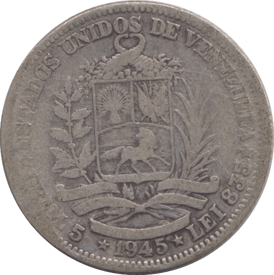 1945 SILVER ONE BOLIVAR VENEZUELA - SILVER WORLD COINS - Cambridgeshire Coins