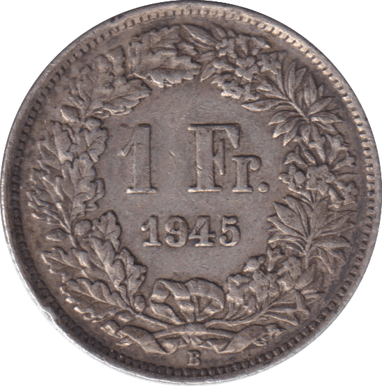 1945 SILVER ONE FRANC SWITZERLAND - SILVER WORLD COINS - Cambridgeshire Coins