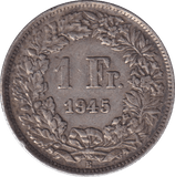 1945 SILVER ONE FRANC SWITZERLAND - SILVER WORLD COINS - Cambridgeshire Coins
