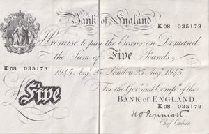 1945 WHITE FIVE POUND BANKNOTE AUGUST 25TH LONDON BANK OF ENGLAND PEPPIATT W£5 - 28 - £5 BANKNOTES WHITE - Cambridgeshire Coins