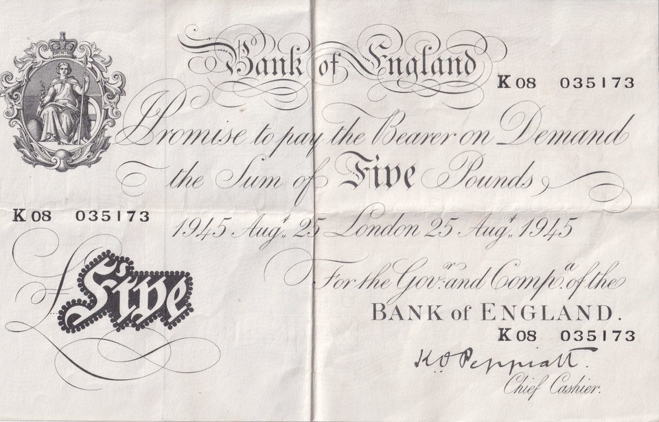 1945 WHITE FIVE POUND BANKNOTE AUGUST 25TH LONDON BANK OF ENGLAND PEPPIATT W£5 - 28 - £5 BANKNOTES WHITE - Cambridgeshire Coins