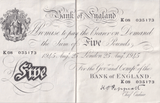 1945 WHITE FIVE POUND BANKNOTE AUGUST 25TH LONDON BANK OF ENGLAND PEPPIATT W£5 - 28 - £5 BANKNOTES WHITE - Cambridgeshire Coins