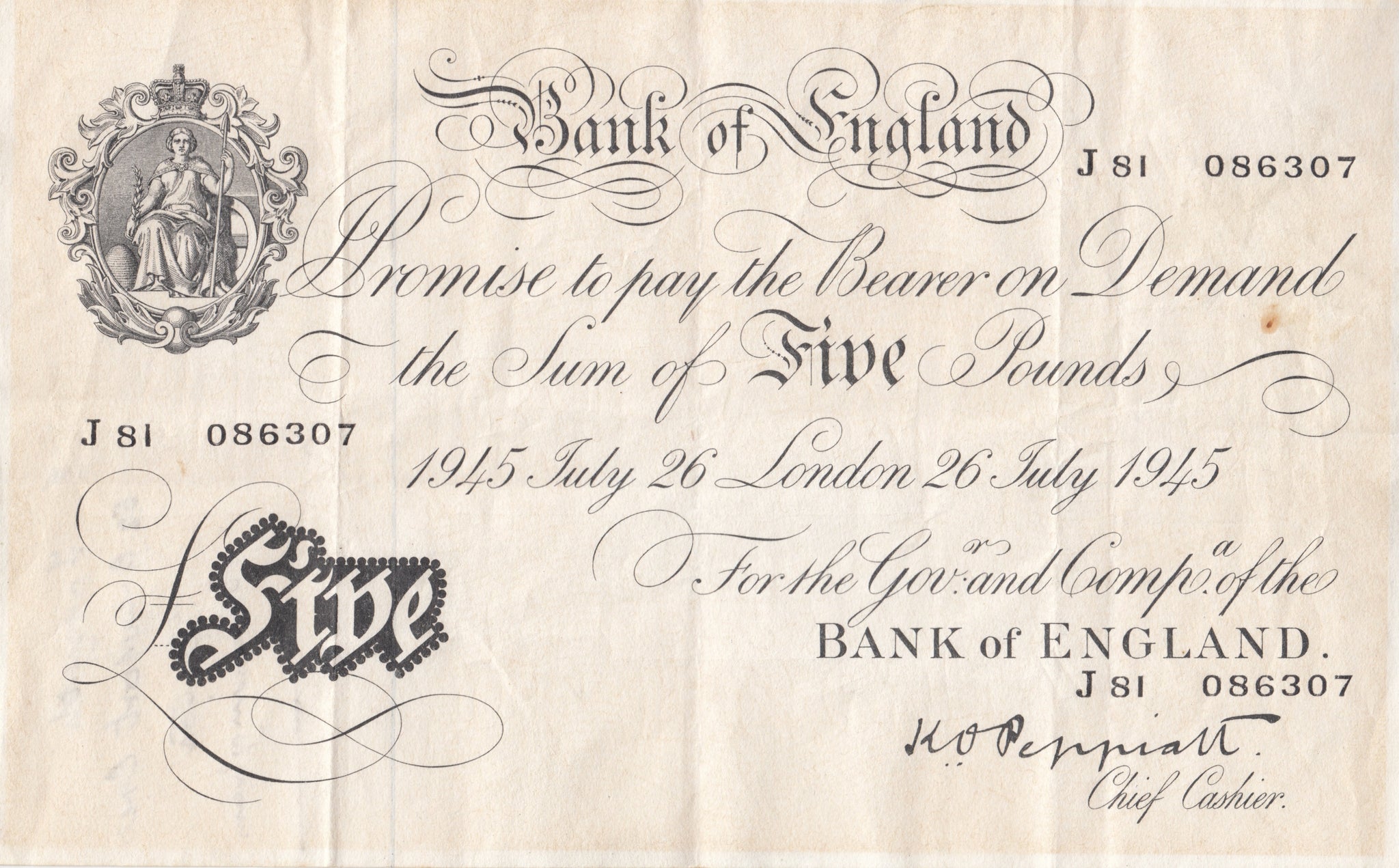 1945 WHITE FIVE POUND NOTE JULY 26TH BANK OF ENGLAND PEPPIATT REF W£5 ...