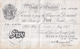 1945 WHITE FIVE POUND NOTE MAY 4TH LONDON BANK OF ENGLAND PEPPIATT REF W£5 - 34 - £5 BANKNOTES WHITE - Cambridgeshire Coins