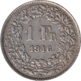 1946 SILVER ONE FRANC SWITZERLAND - SILVER WORLD COINS - Cambridgeshire Coins