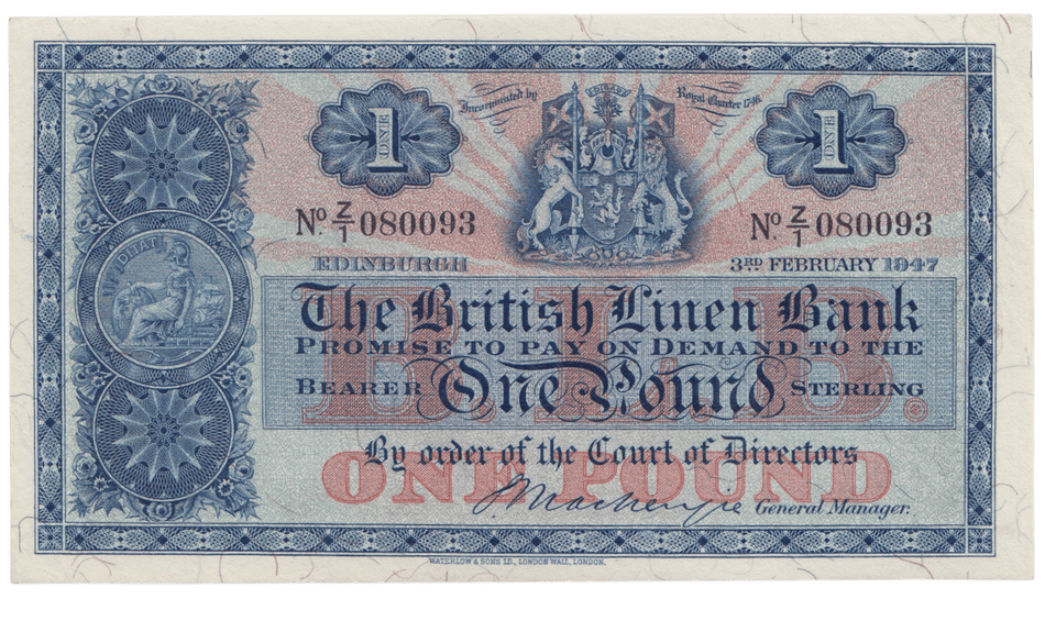 1947 £1 THE BRITISH LINEN BANK REF SCOT 82 - £1 BANKNOTE - Cambridgeshire Coins