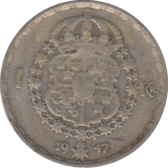 1947 SILVER SWEDEN ONE KRONA - SILVER WORLD COINS - Cambridgeshire Coins