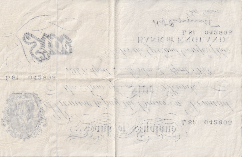 1947 WHITE FIVE POUND BANKNOTE APRIL 2ND LONDON BANK OF ENGLAND PEPPIATT W£5 - 27 - £5 BANKNOTES WHITE - Cambridgeshire Coins