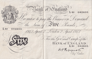 1947 WHITE FIVE POUND BANKNOTE APRIL 2ND LONDON BANK OF ENGLAND PEPPIATT W£5 - 27 - £5 BANKNOTES WHITE - Cambridgeshire Coins