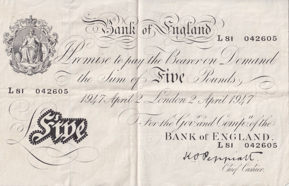 1947 WHITE FIVE POUND BANKNOTE APRIL 2ND LONDON BANK OF ENGLAND PEPPIATT W£5 - 27 - £5 BANKNOTES WHITE - Cambridgeshire Coins