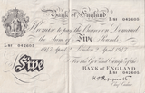 1947 WHITE FIVE POUND BANKNOTE APRIL 2ND LONDON BANK OF ENGLAND PEPPIATT W£5 - 27 - £5 BANKNOTES WHITE - Cambridgeshire Coins