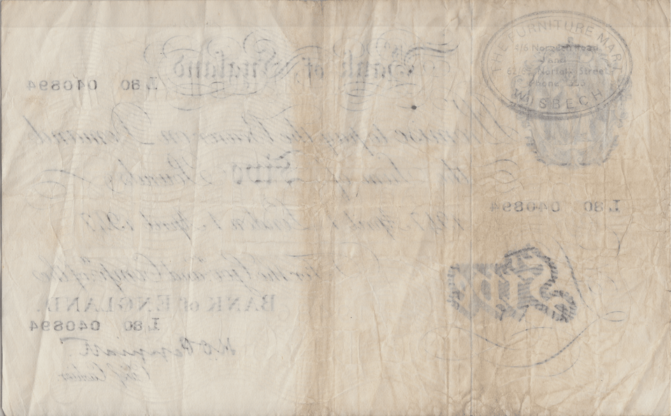 1947 WHITE FIVE POUND NOTE APRIL 1ST LONDON BANK OF ENGLAND PEPPIATT W£5 - 36 - £5 BANKNOTES WHITE - Cambridgeshire Coins