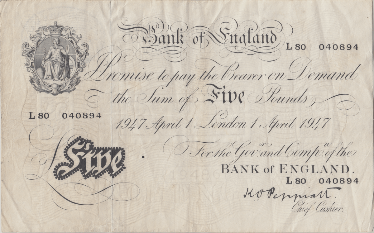 1947 WHITE FIVE POUND NOTE APRIL 1ST LONDON BANK OF ENGLAND PEPPIATT W 