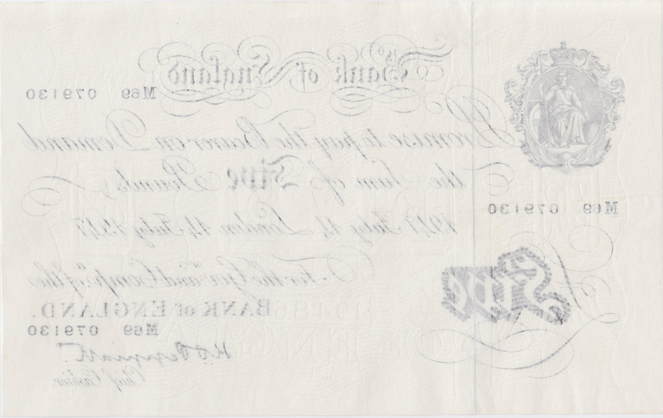 1947 WHITE FIVE POUND NOTE JULY 14TH LONDON BANK OF ENGLAND PEPPIATT W£5 - 23 - £5 BANKNOTES WHITE - Cambridgeshire Coins