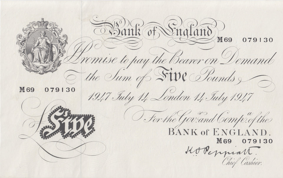 1947 WHITE FIVE POUND NOTE JULY 14TH LONDON BANK OF ENGLAND PEPPIATT W£5 - 23 - £5 BANKNOTES WHITE - Cambridgeshire Coins