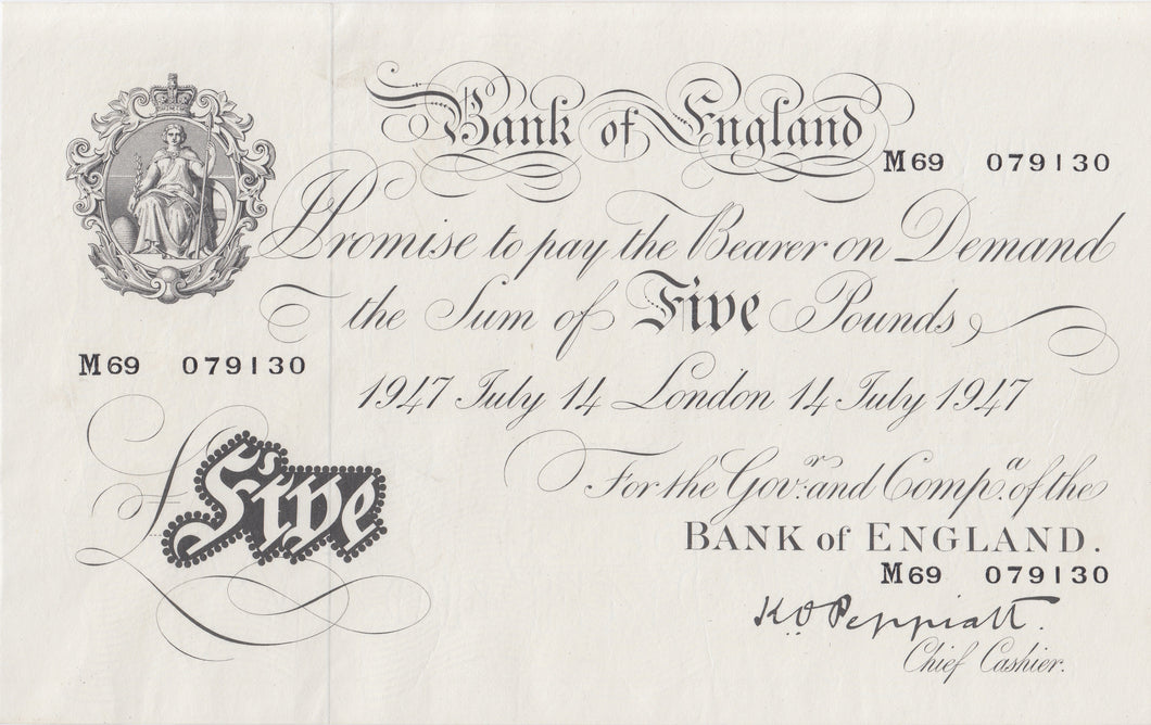 1947 WHITE FIVE POUND NOTE JULY 14TH LONDON BANK OF ENGLAND PEPPIATT W£5 - 23 - £5 BANKNOTES WHITE - Cambridgeshire Coins