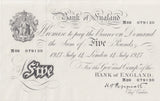 1947 WHITE FIVE POUND NOTE JULY 14TH LONDON BANK OF ENGLAND PEPPIATT W£5 - 23 - £5 BANKNOTES WHITE - Cambridgeshire Coins