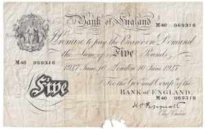 1947 WHITE FIVE POUND NOTE JUNE 10TH LONDON BANK OF ENGLAND PEPPIATT W£5 - 41 - £5 BANKNOTES WHITE - Cambridgeshire Coins